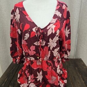 Harve Benard Burgundy and Pink Floral Blouse